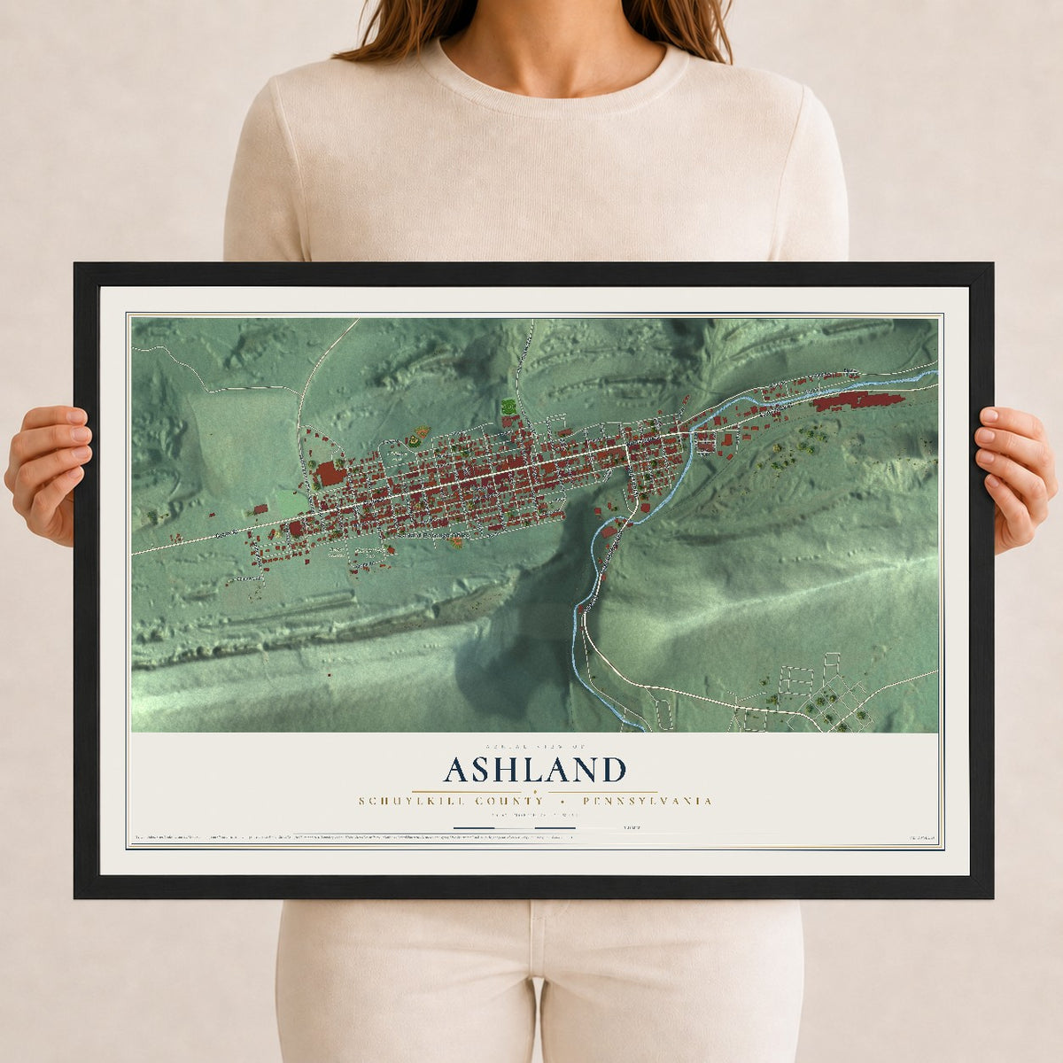 Map of Ashland, Schuylkill County, Pennsylvania, 12 x 18 inch print in a black wood frame