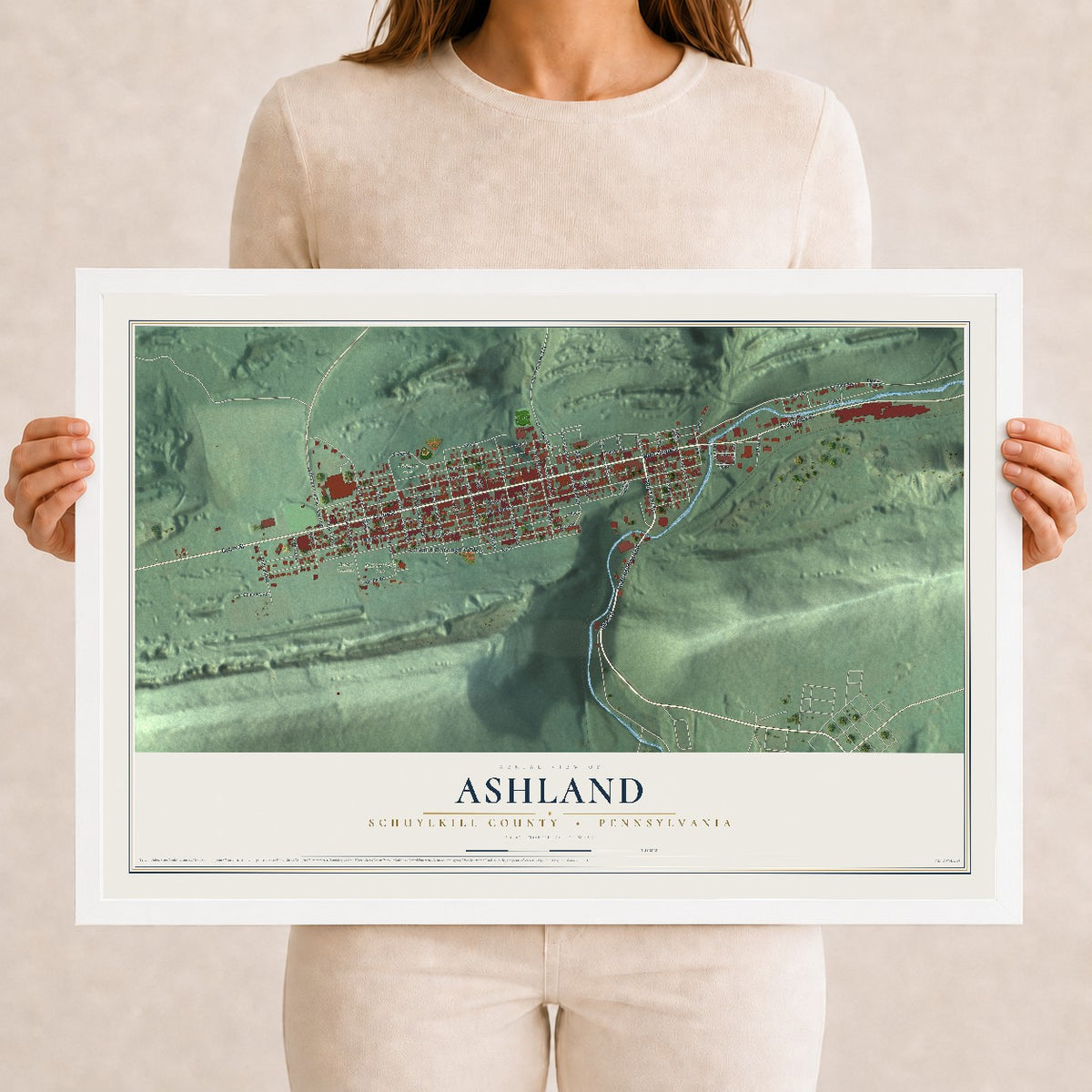 Map of Ashland, Schuylkill County, Pennsylvania, 12 x 18 inch print in a white wood frame