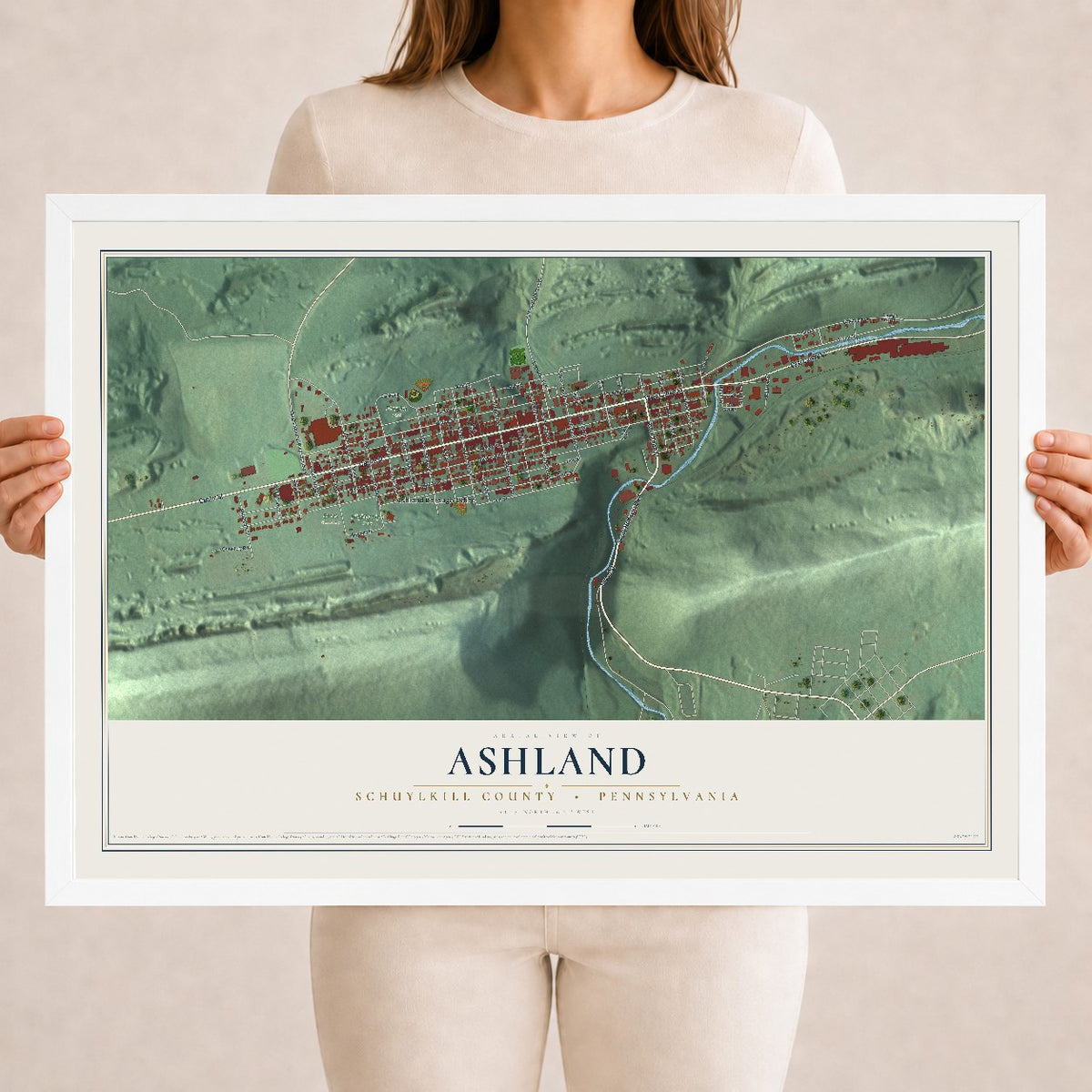 Map of Ashland, Schuylkill County, Pennsylvania, 18 x 24 inch print in a white wood frame