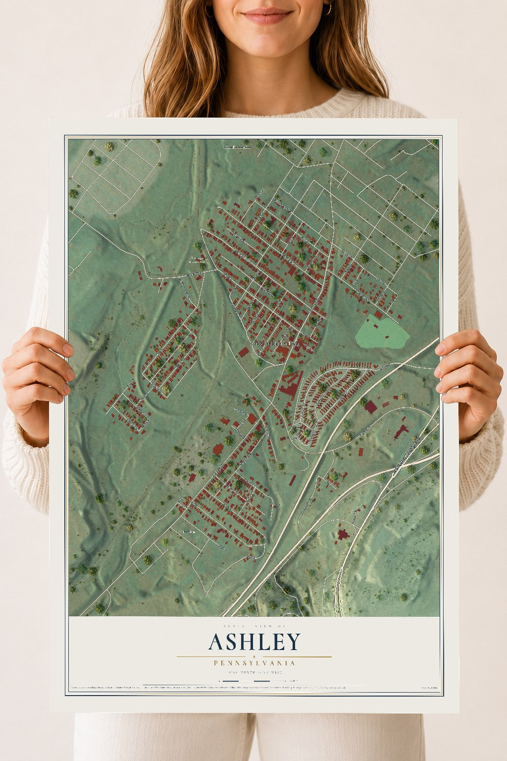 Map of Ashley, Pennsylvania, 18 x 24 inch unframed archival matte print
