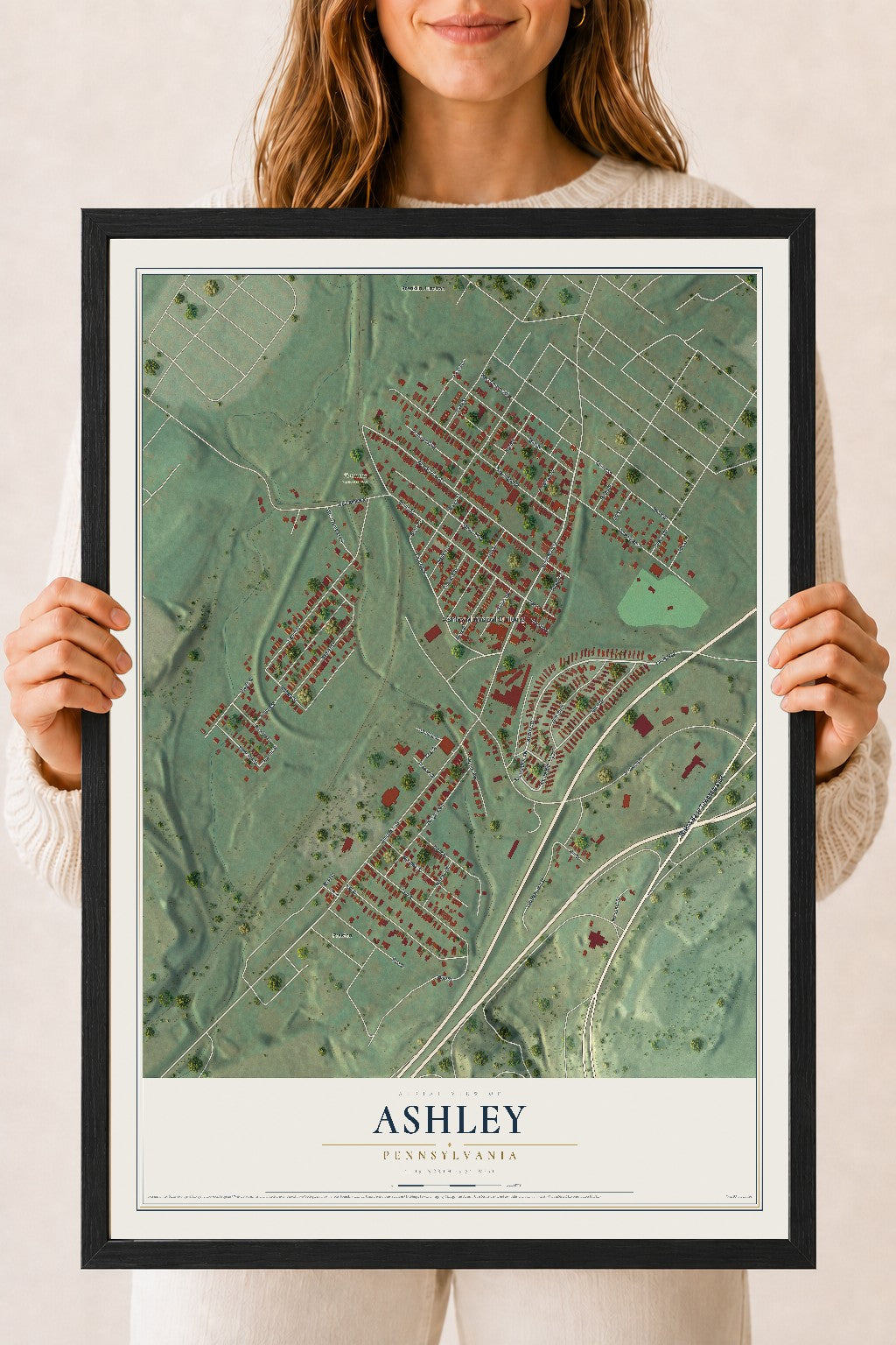 Map of Ashley, Pennsylvania, 18 x 24 inch print in a black wood frame