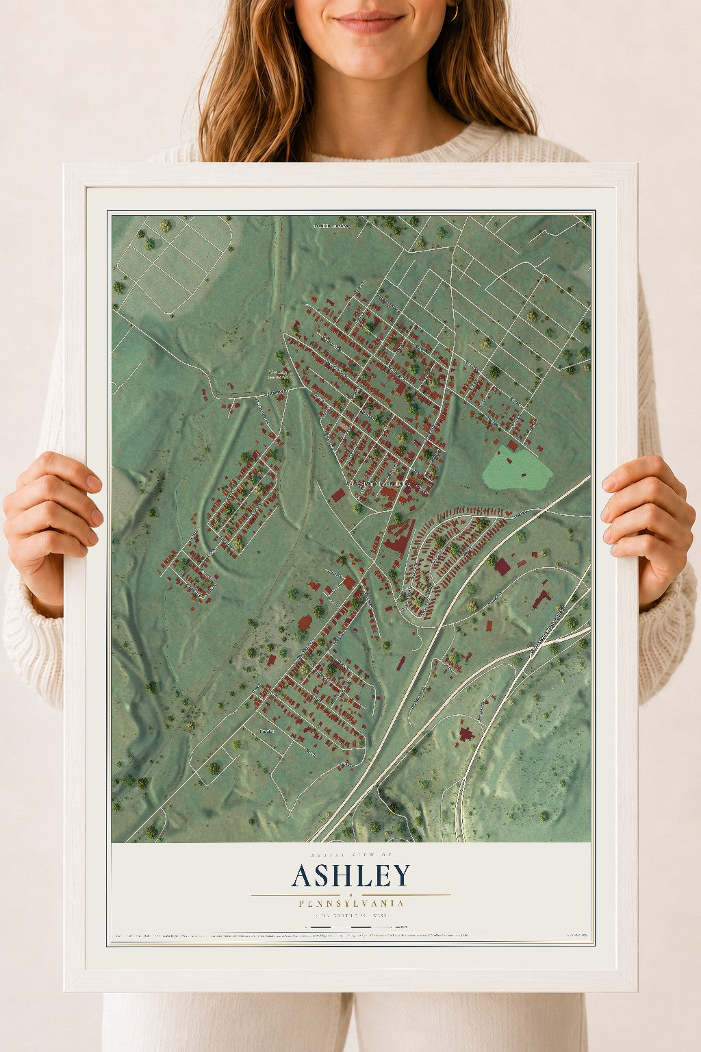 Map of Ashley, Pennsylvania, 18 x 24 inch print in a white wood frame