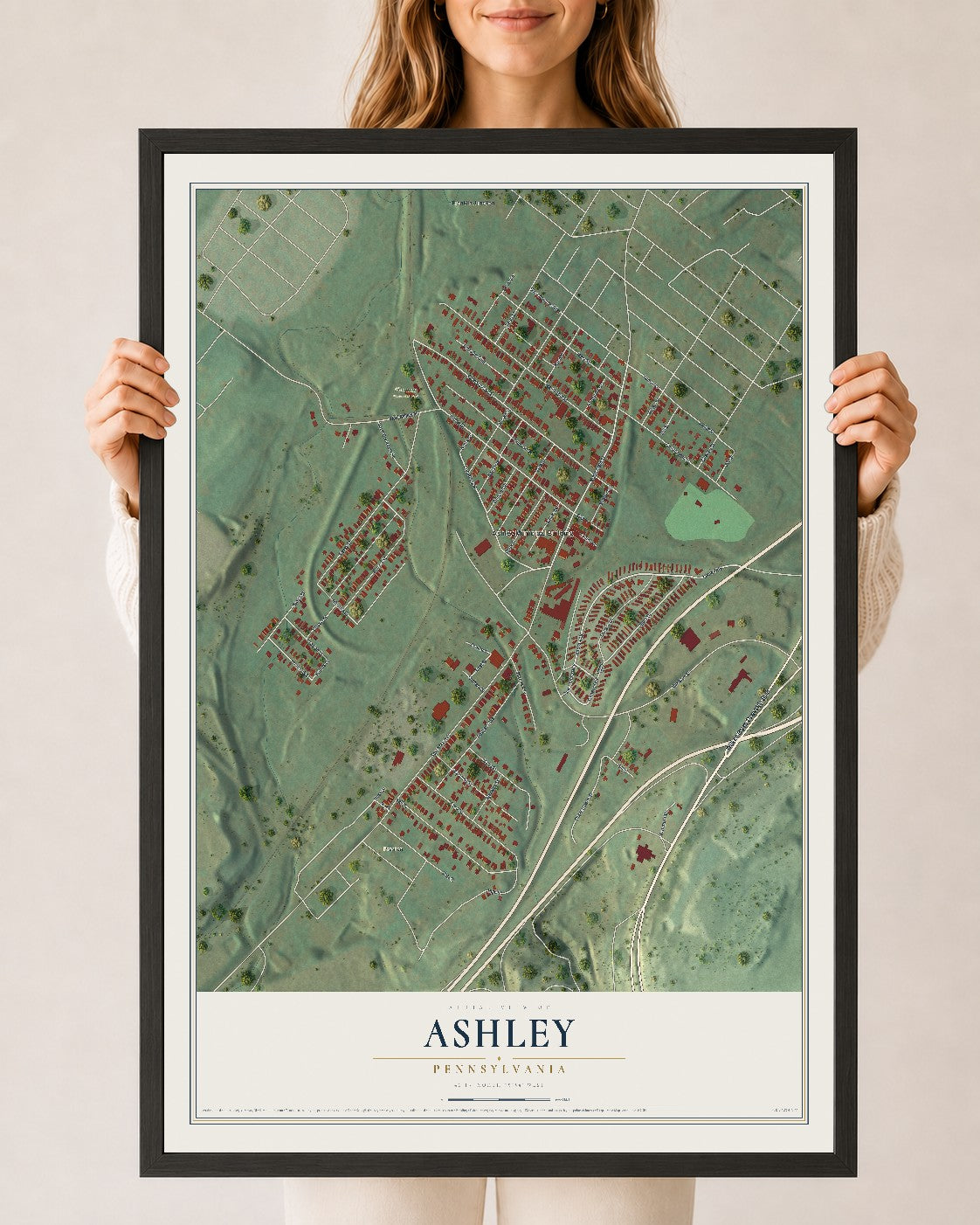 Map of Ashley, Pennsylvania, 24 x 36 inch print in a black wood frame