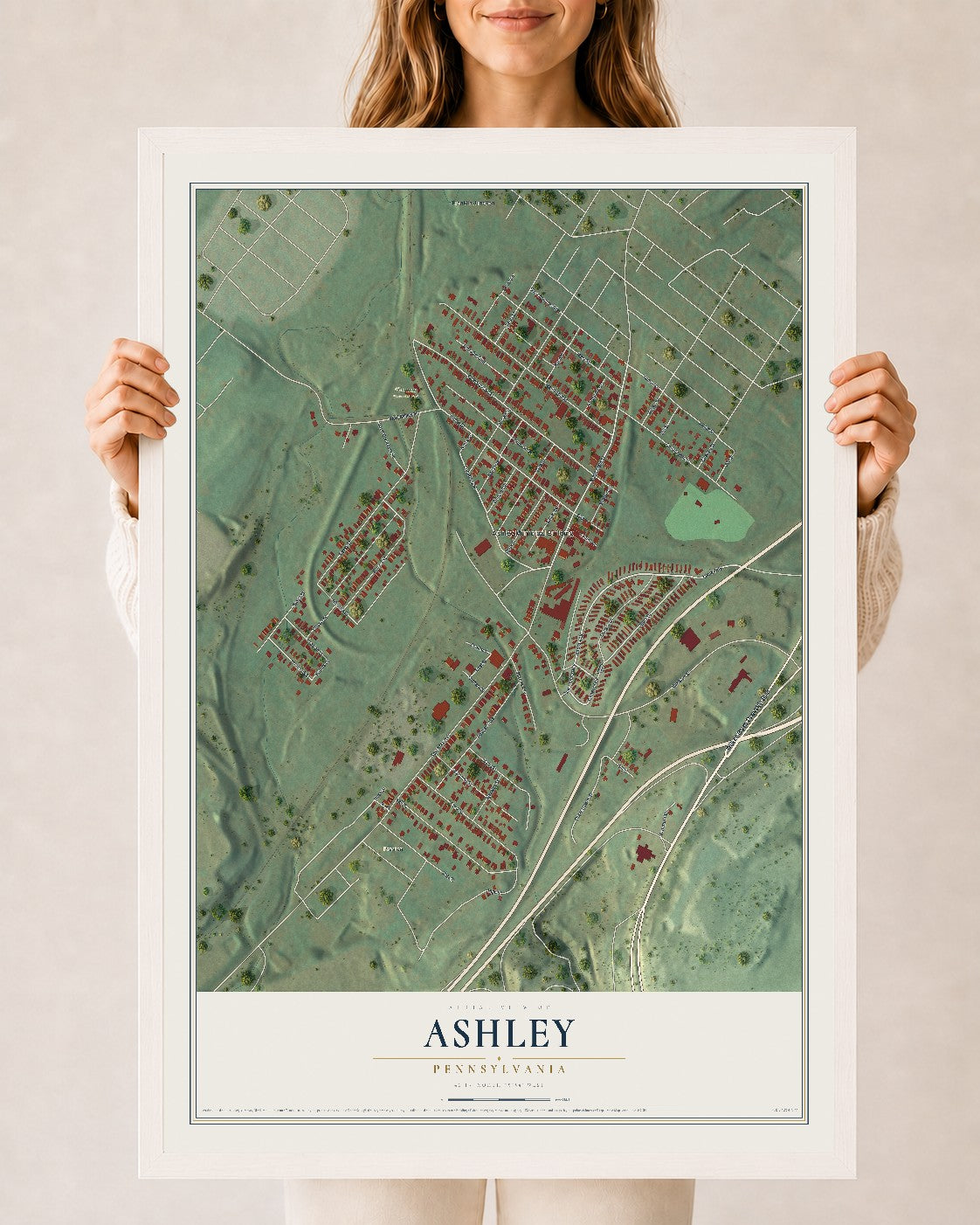 Map of Ashley, Pennsylvania, 24 x 36 inch print in a white wood frame