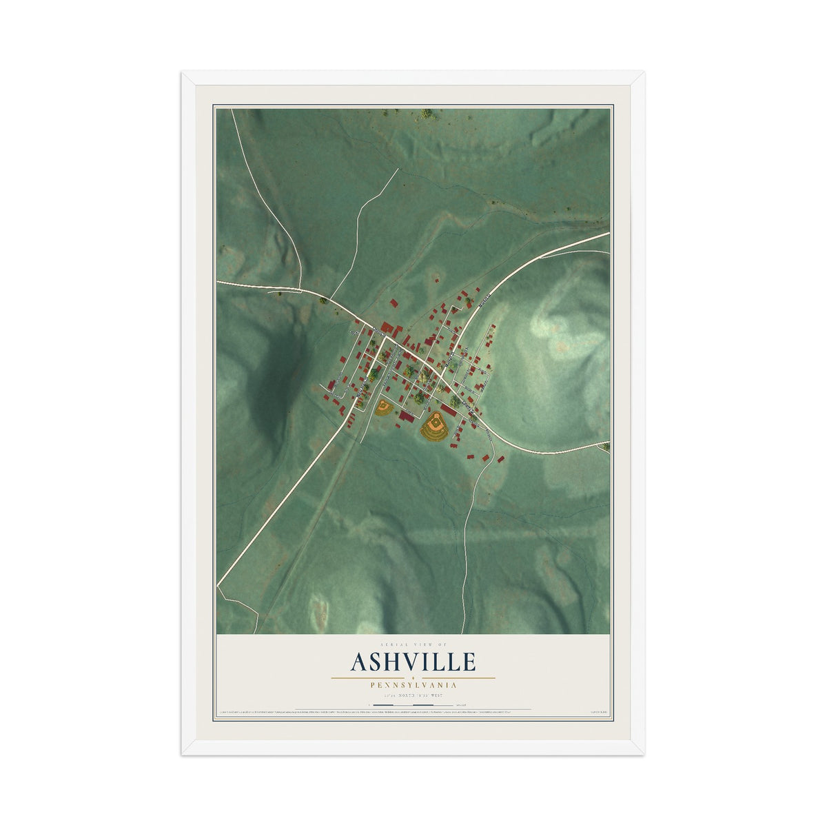 Map of Ashville, Pennsylvania, 12 x 18 inch print in a white wood frame