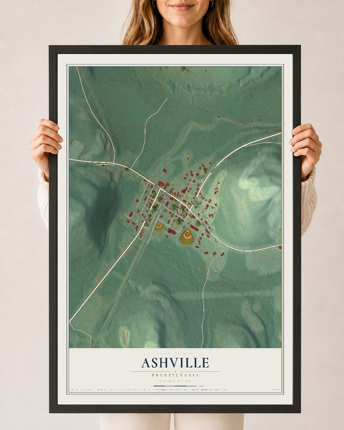 Map of Ashville, Pennsylvania, 24 x 36 inch print in a black wood frame
