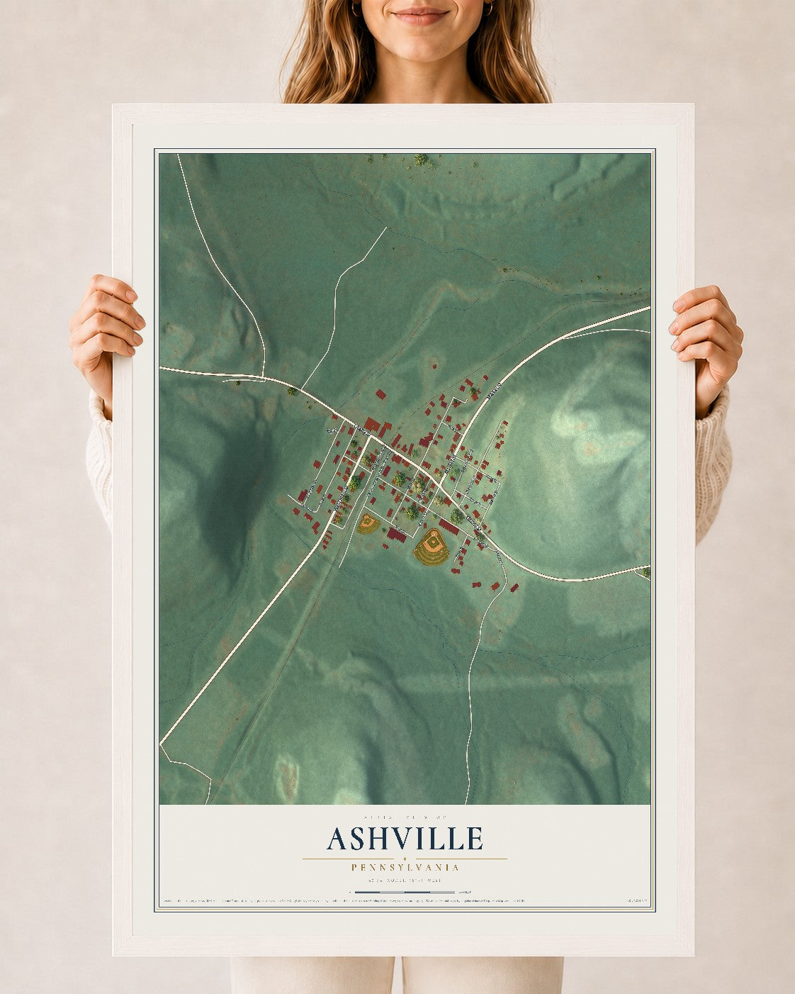 Map of Ashville, Pennsylvania, 24 x 36 inch print in a white wood frame