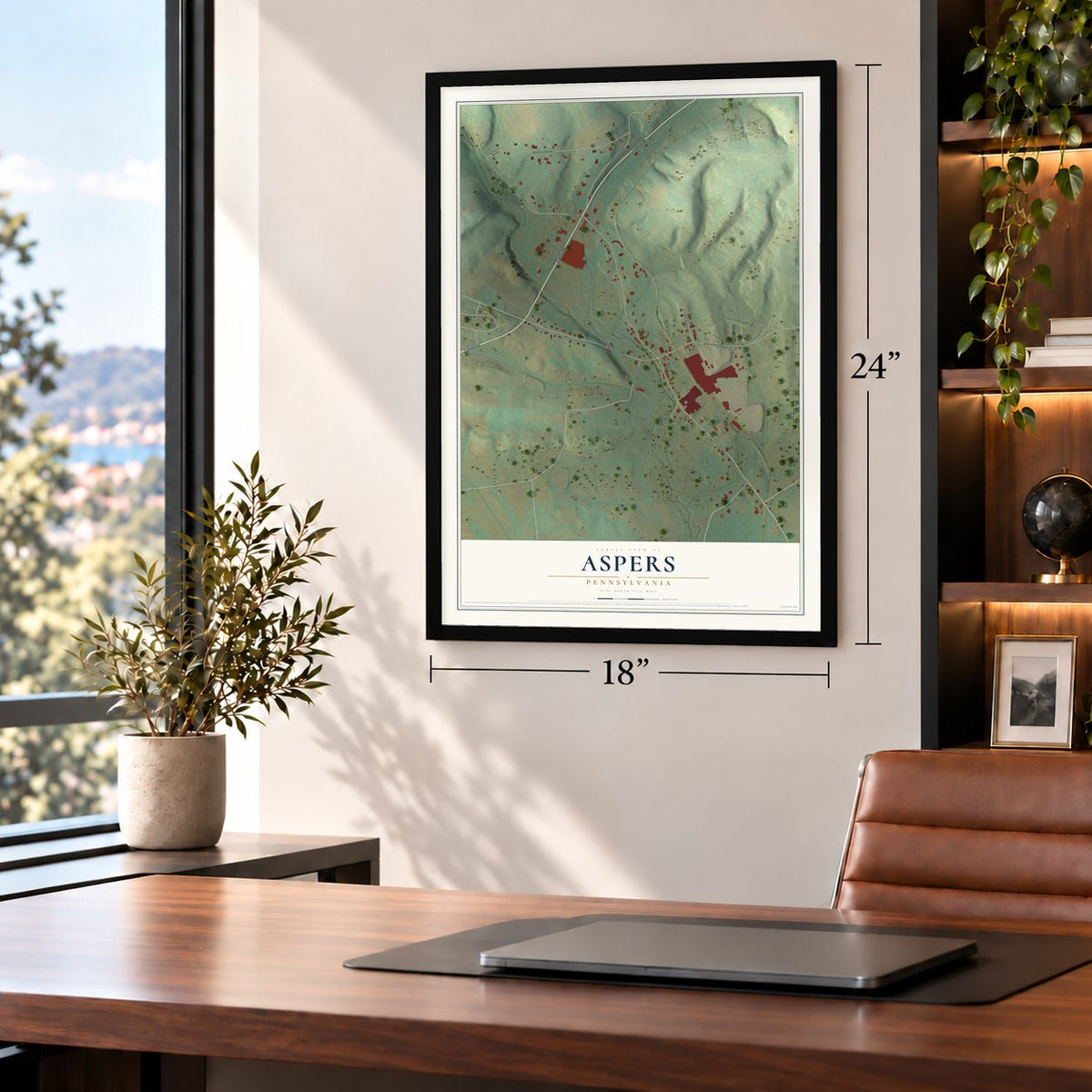 Aspers, Pennsylvania map, 18 x 24 inch print in a black frame in a home office