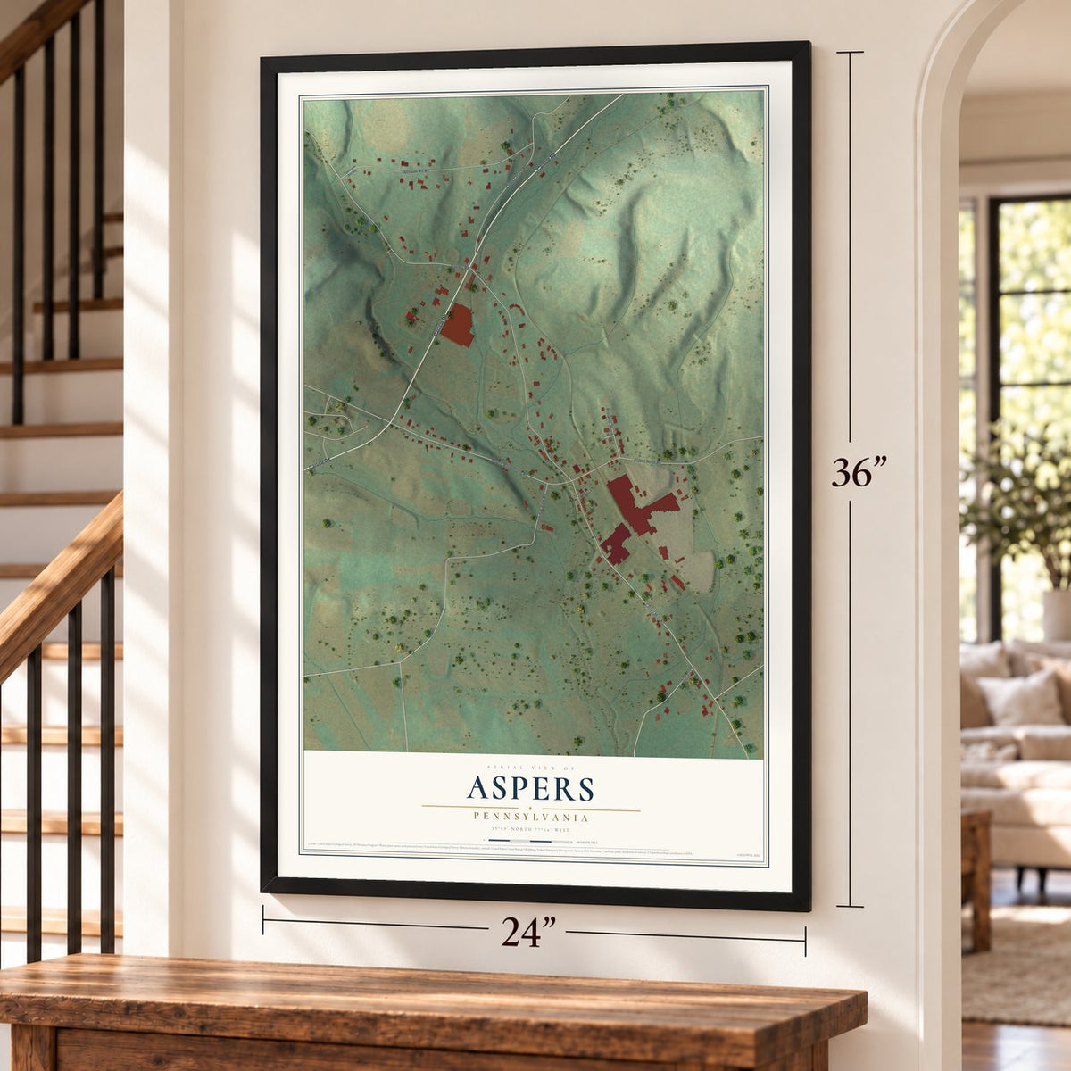 Aspers, Pennsylvania map, 24 x 36 inch print in a black frame by a staircase