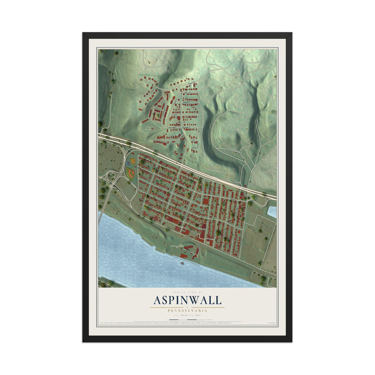 Map of Aspinwall, Pennsylvania, 12 x 18 inch print in a black wood frame