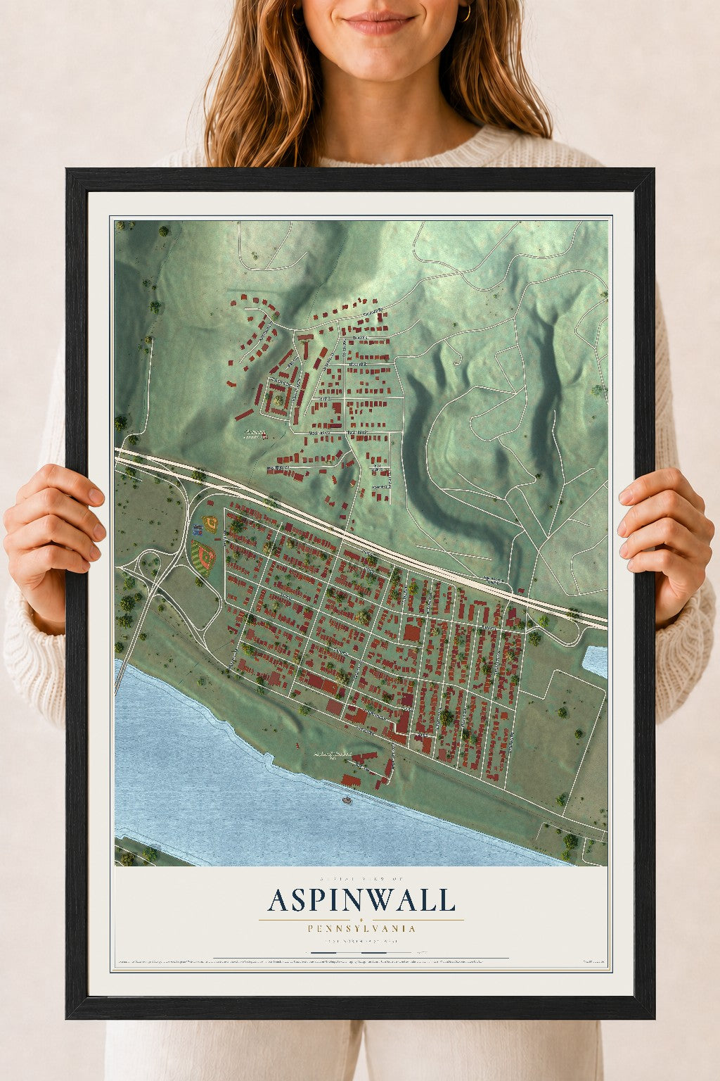 Map of Aspinwall, Pennsylvania, 18 x 24 inch print in a black wood frame