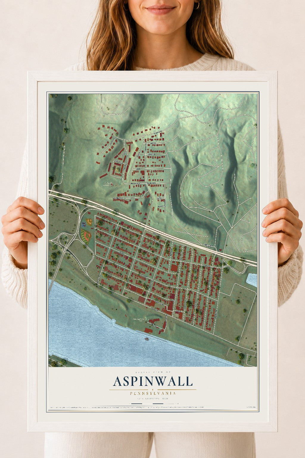 Map of Aspinwall, Pennsylvania, 18 x 24 inch print in a white wood frame
