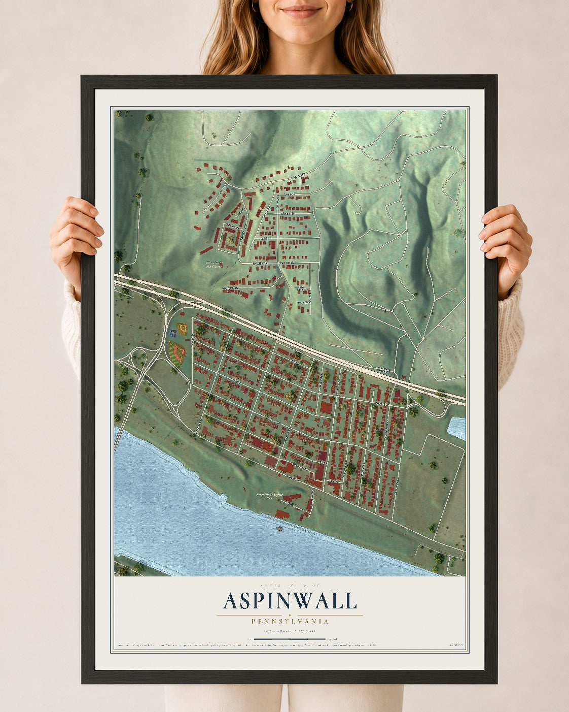 Map of Aspinwall, Pennsylvania, 24 x 36 inch print in a black wood frame
