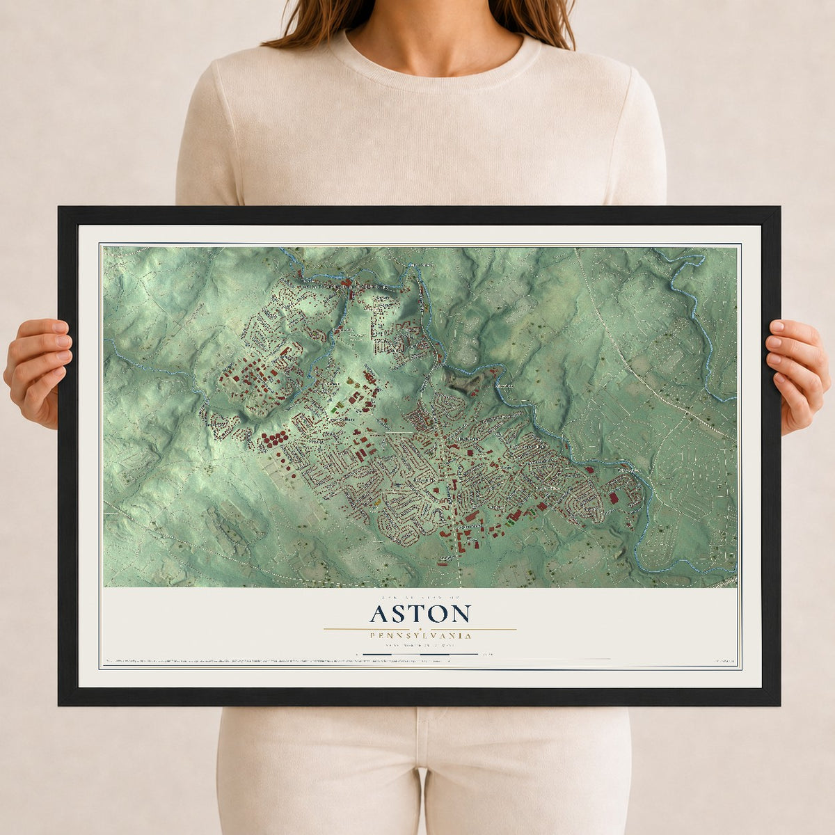 Map of Aston, Pennsylvania, 12 x 18 inch print in a black wood frame