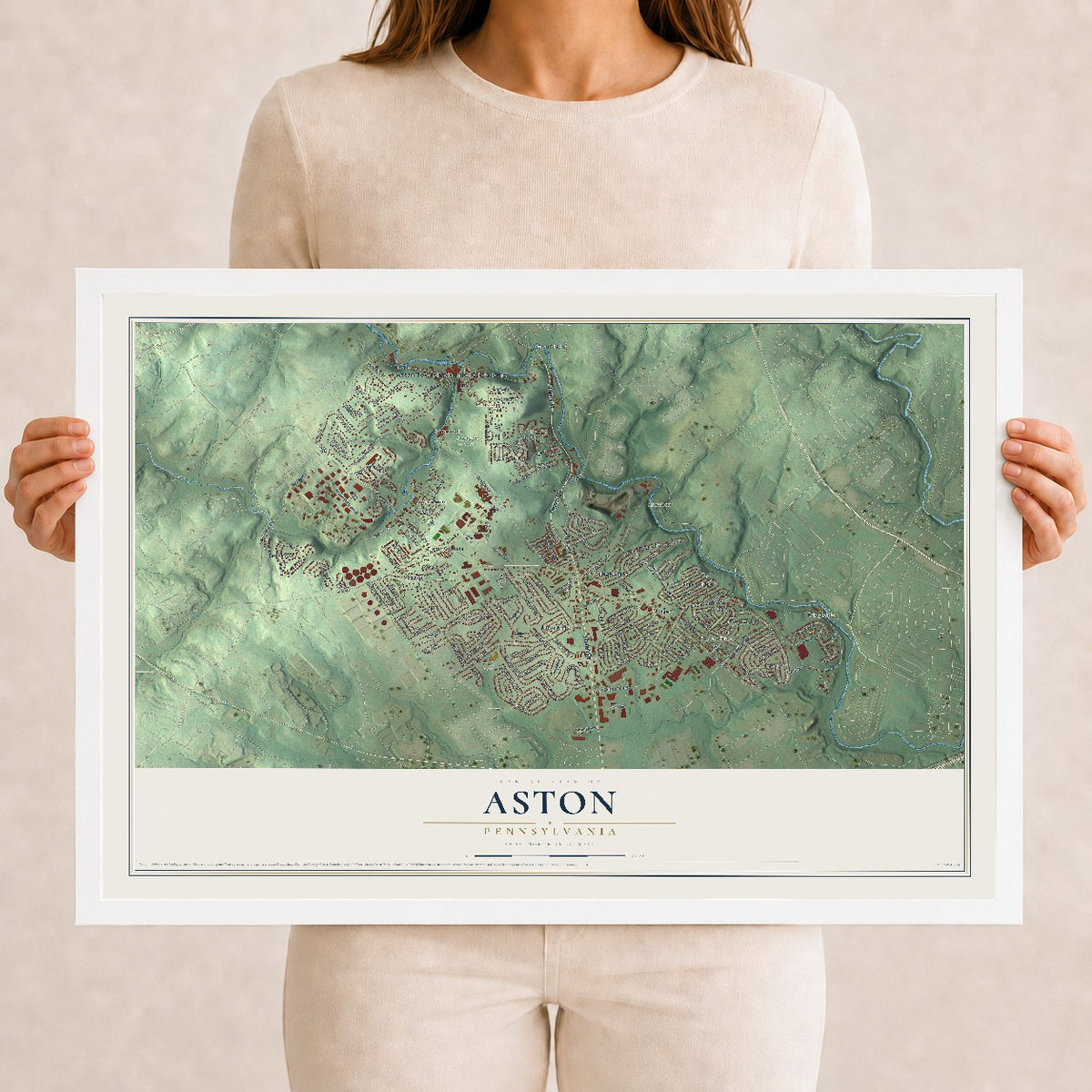 Map of Aston, Pennsylvania, 12 x 18 inch print in a white wood frame