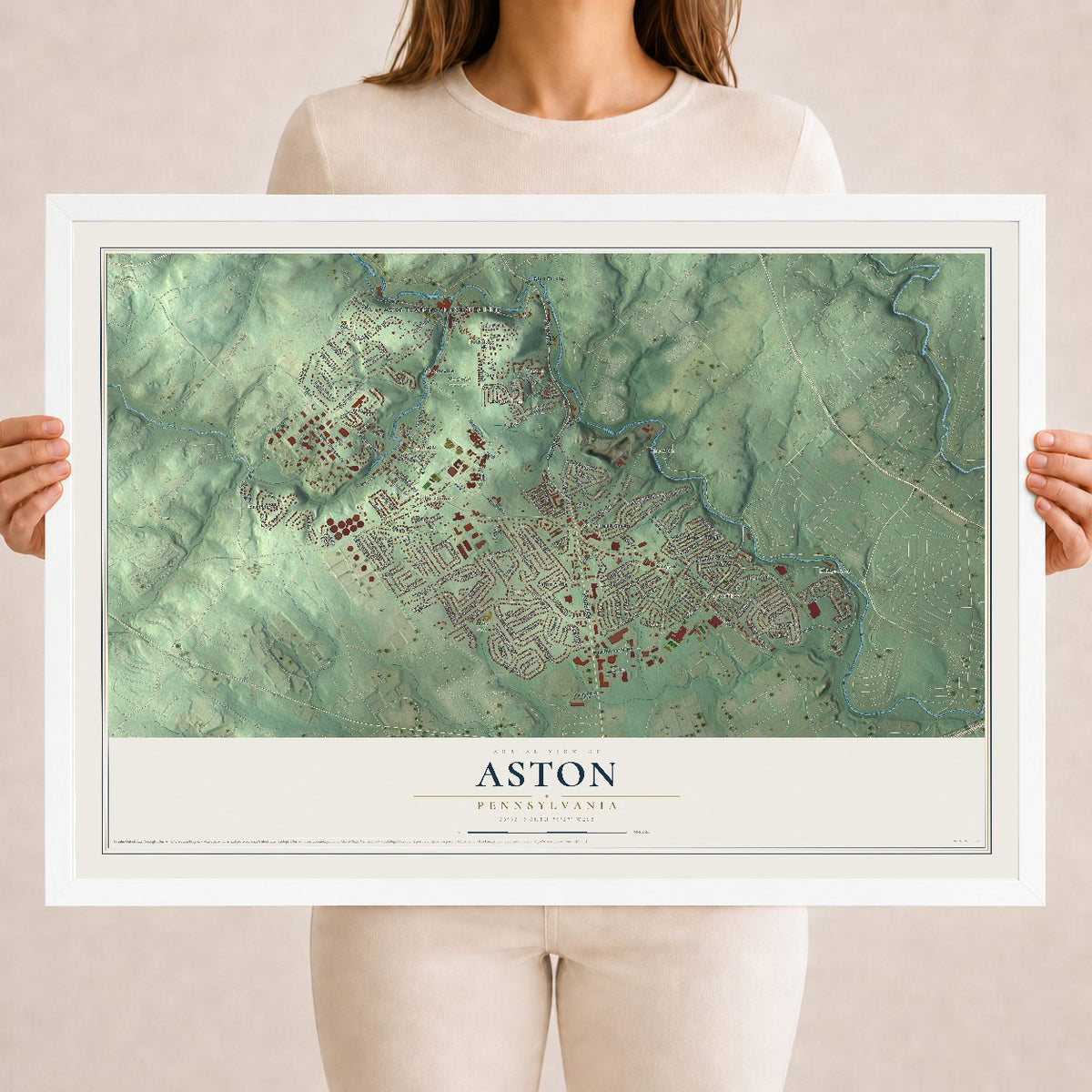 Map of Aston, Pennsylvania, 18 x 24 inch print in a white wood frame