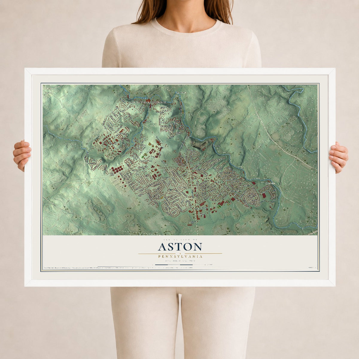 Map of Aston, Pennsylvania, 24 x 36 inch print in a white wood frame