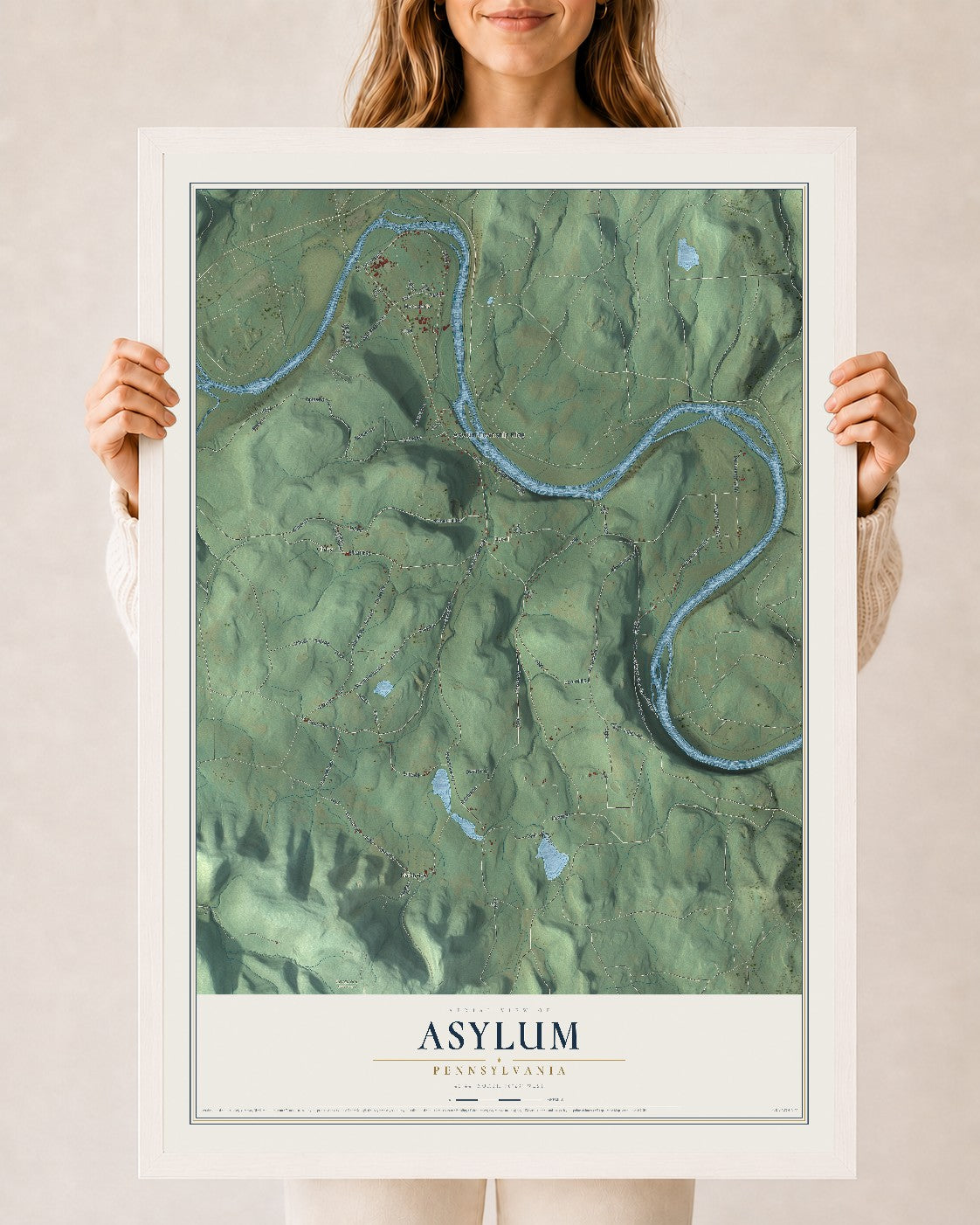 Map of Asylum, Pennsylvania, 24 x 36 inch print in a white wood frame