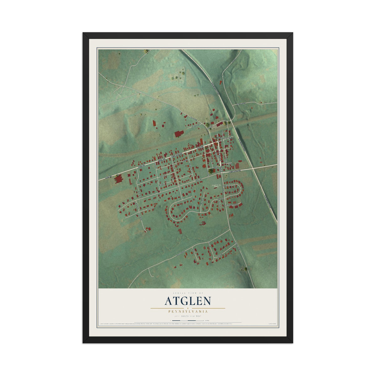 Map of Atglen, Pennsylvania, 12 x 18 inch print in a black wood frame