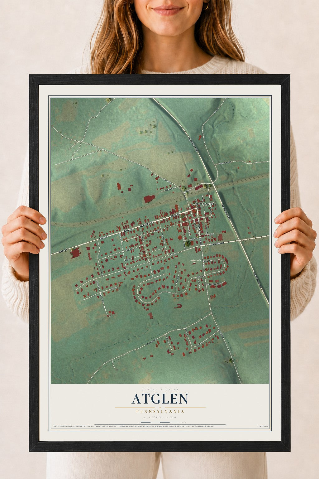 Map of Atglen, Pennsylvania, 18 x 24 inch print in a black wood frame