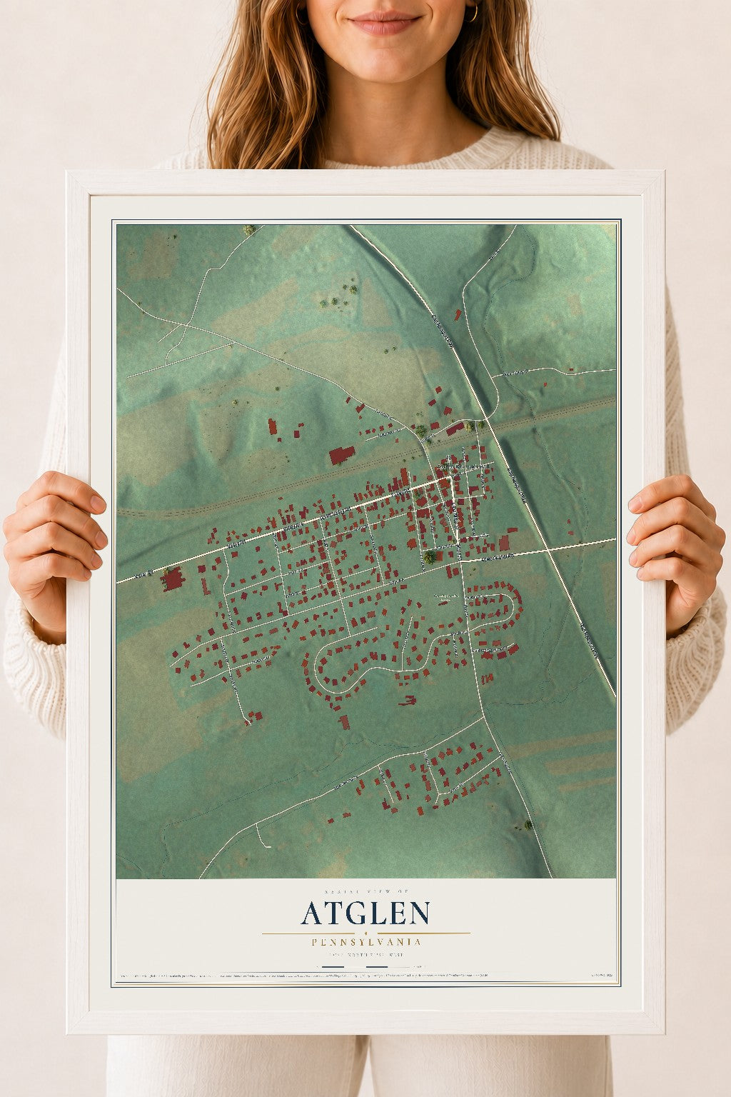 Map of Atglen, Pennsylvania, 18 x 24 inch print in a white wood frame