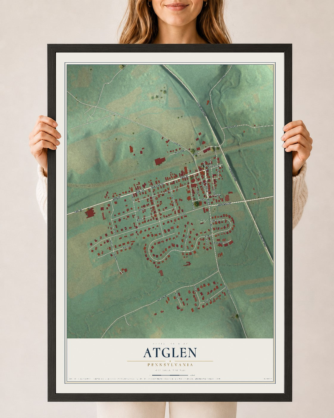 Map of Atglen, Pennsylvania, 24 x 36 inch print in a black wood frame