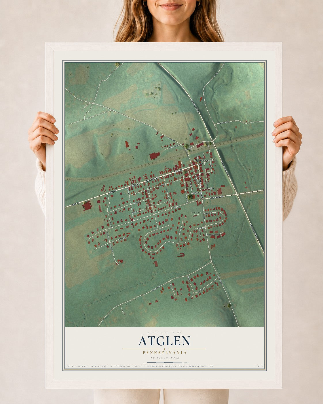 Map of Atglen, Pennsylvania, 24 x 36 inch print in a white wood frame