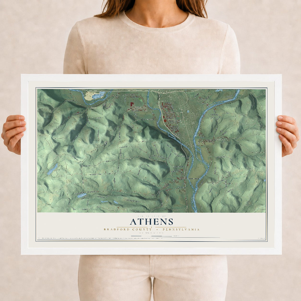Map of Athens, Bradford County, Pennsylvania, 12 x 18 inch print in a white wood frame