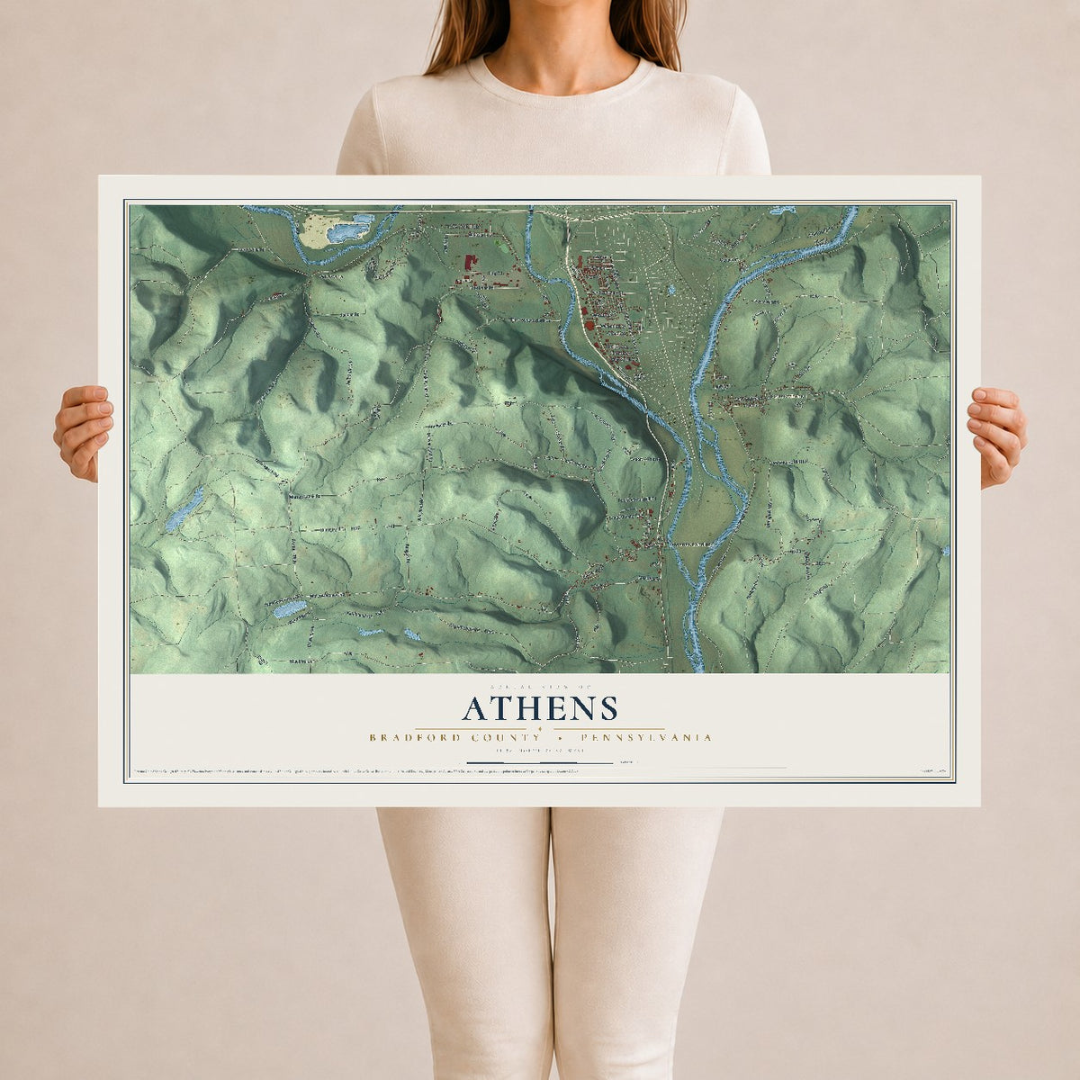 Map of Athens, Bradford County, Pennsylvania, 24 x 36 inch unframed archival matte print