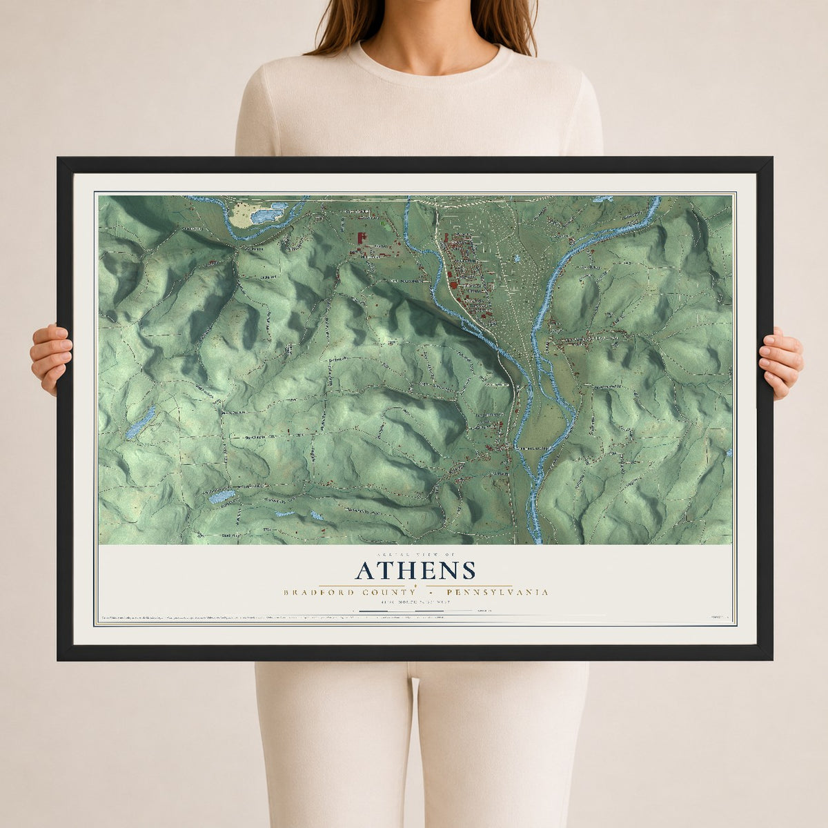 Map of Athens, Bradford County, Pennsylvania, 24 x 36 inch print in a black wood frame