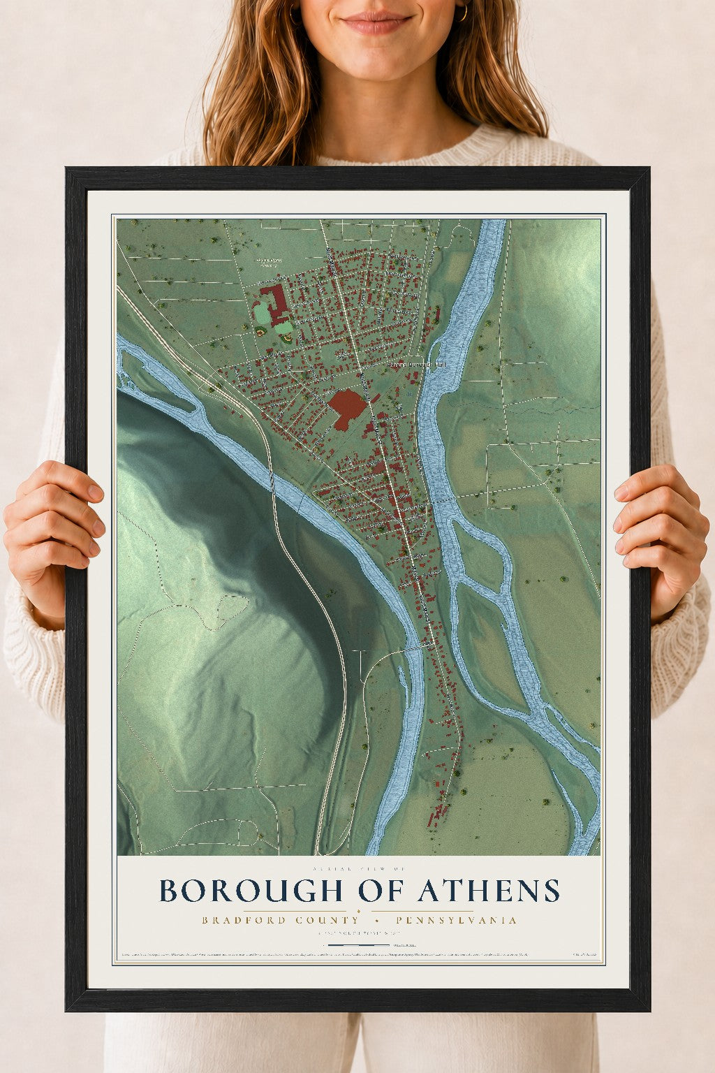 Map of the Borough of Athens, Bradford County, Pennsylvania, 18 x 24 inch print in a black wood frame