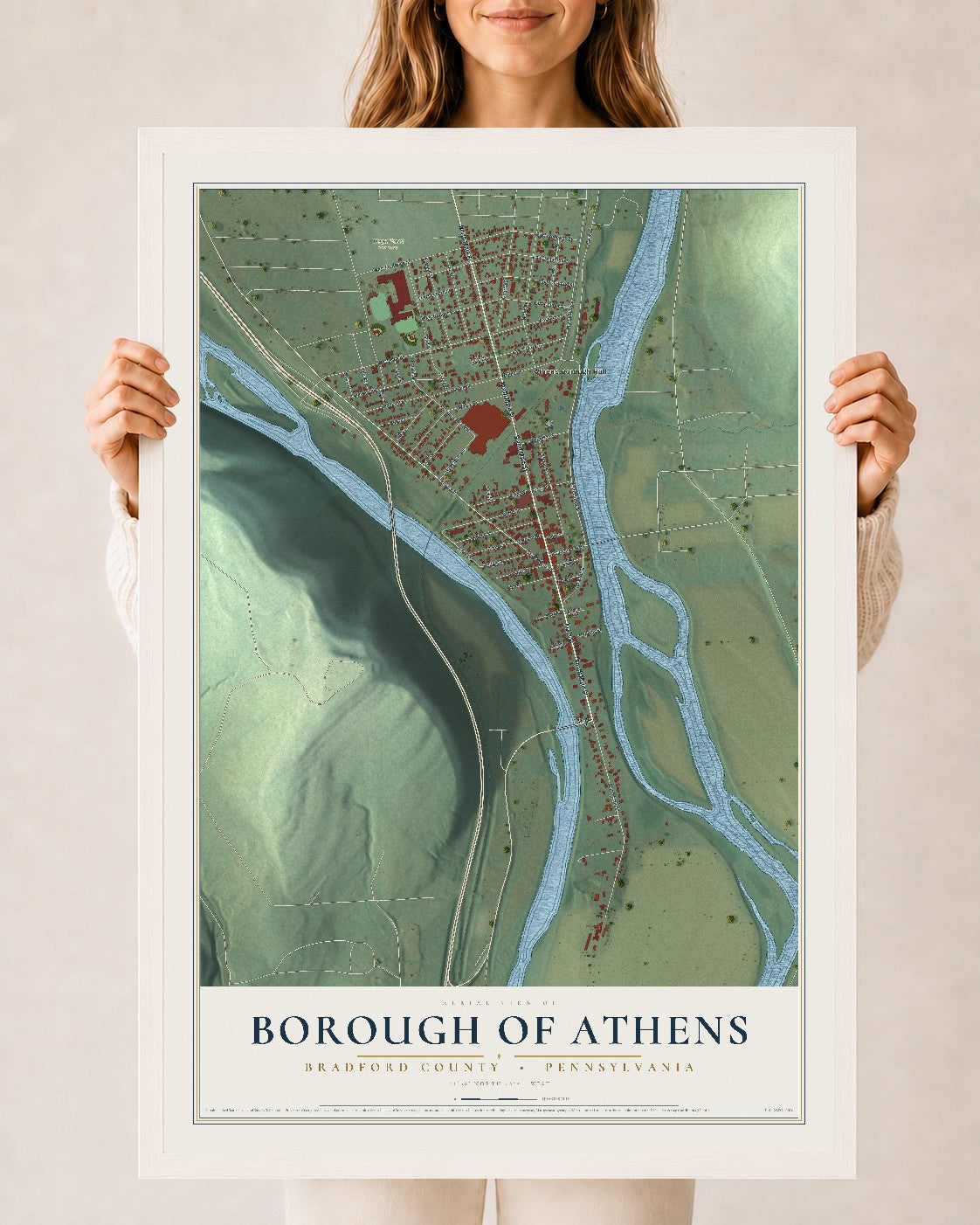Map of the Borough of Athens, Bradford County, Pennsylvania, 24 x 36 inch print in a white wood frame