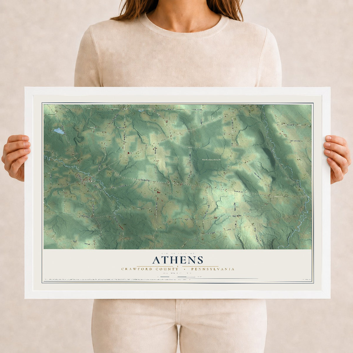 Map of Athens, Crawford County, Pennsylvania, 12 x 18 inch print in a white wood frame