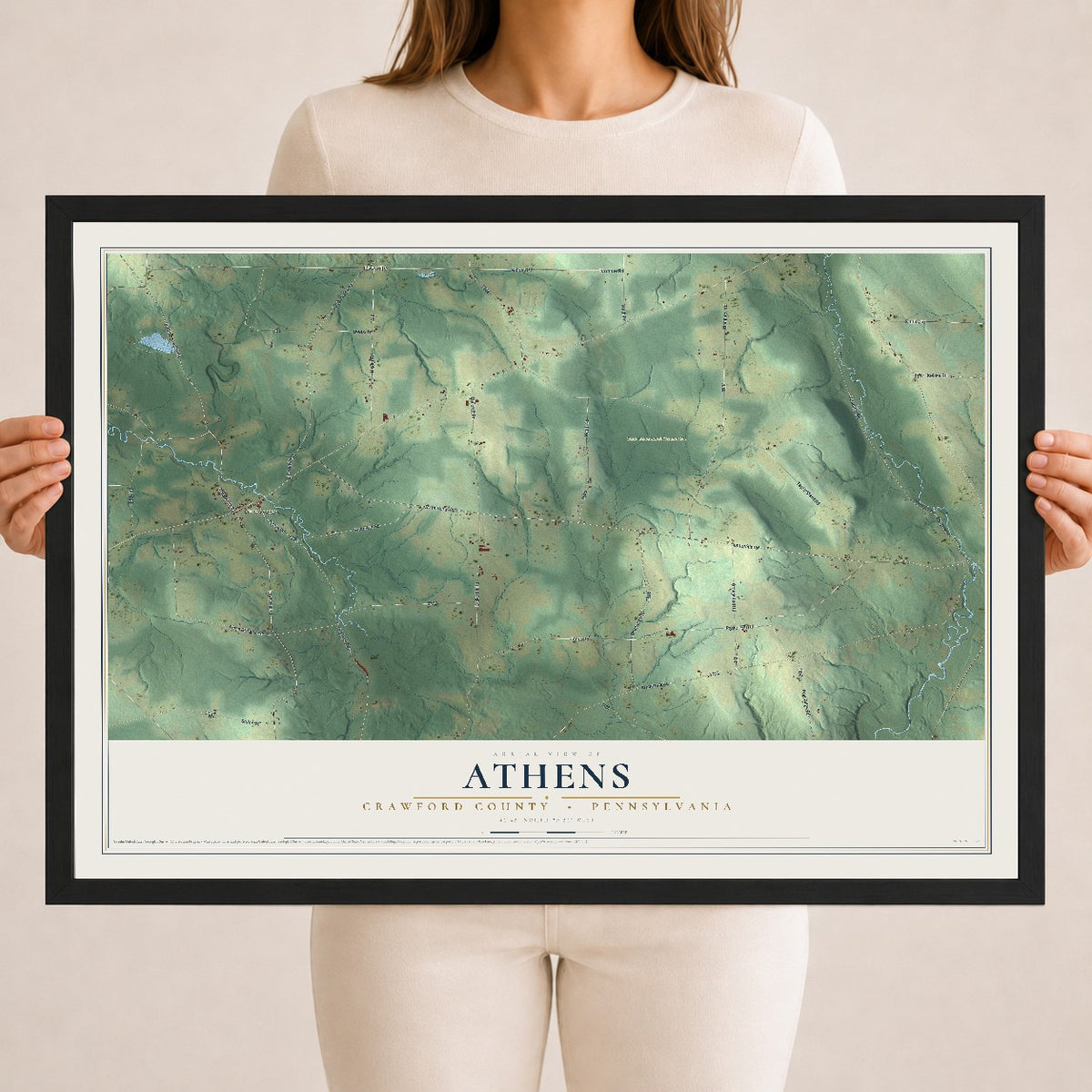 Map of Athens, Crawford County, Pennsylvania, 18 x 24 inch print in a black wood frame