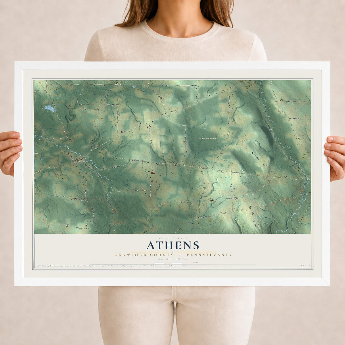 Map of Athens, Crawford County, Pennsylvania, 18 x 24 inch print in a white wood frame