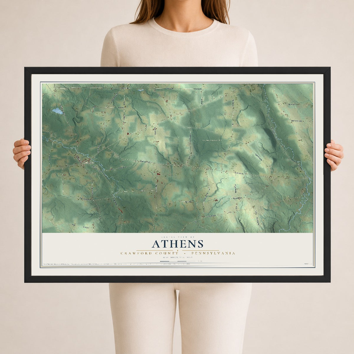 Map of Athens, Crawford County, Pennsylvania, 24 x 36 inch print in a black wood frame