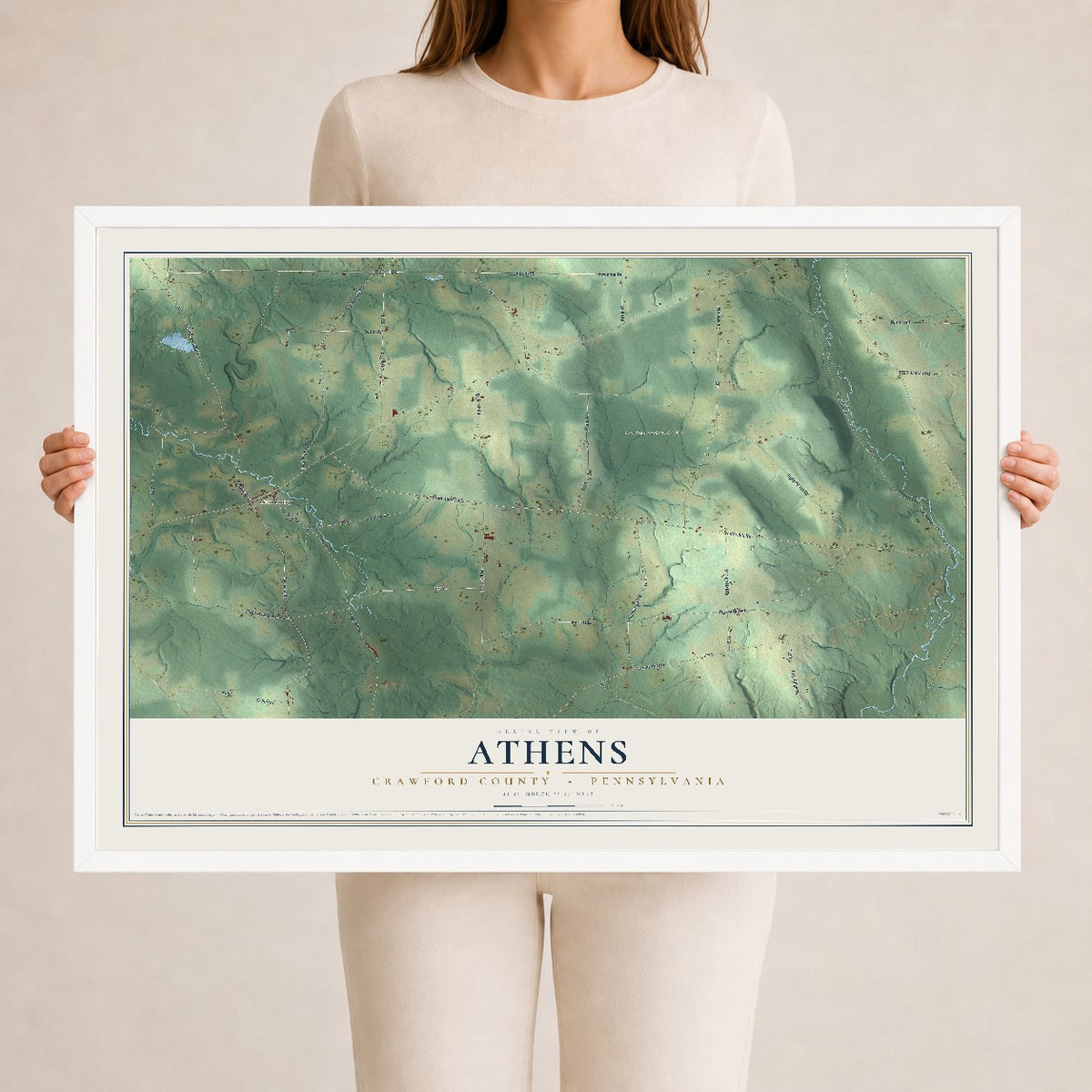 Map of Athens, Crawford County, Pennsylvania, 24 x 36 inch print in a white wood frame