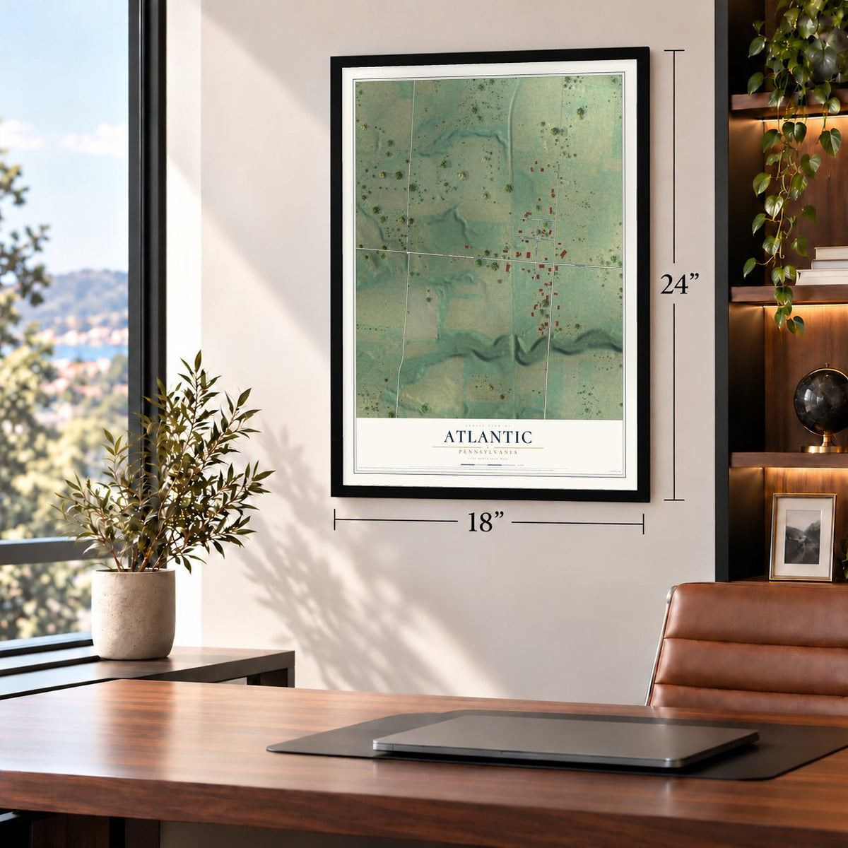 Atlantic, Pennsylvania map, 18 x 24 inch print in a black frame in a home office