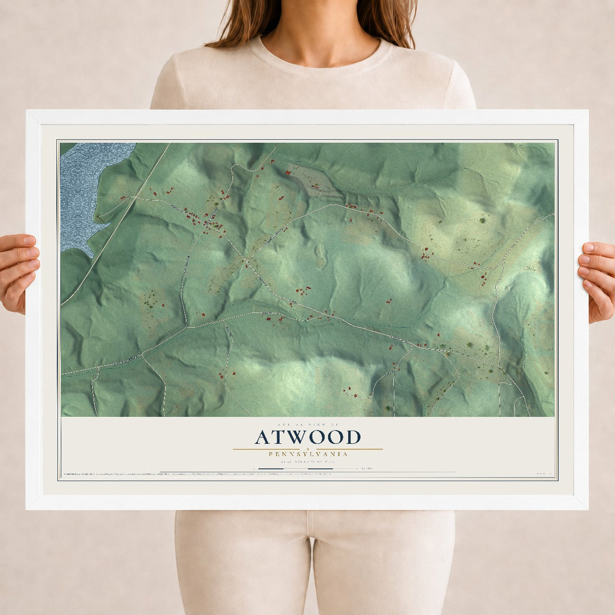 Map of Atwood, Pennsylvania, 18 x 24 inch print in a white wood frame