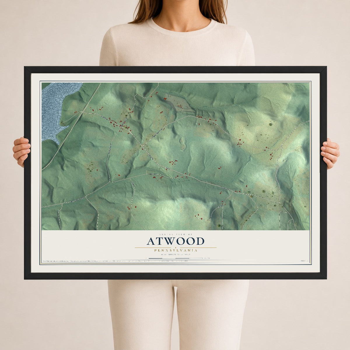 Map of Atwood, Pennsylvania, 24 x 36 inch print in a black wood frame
