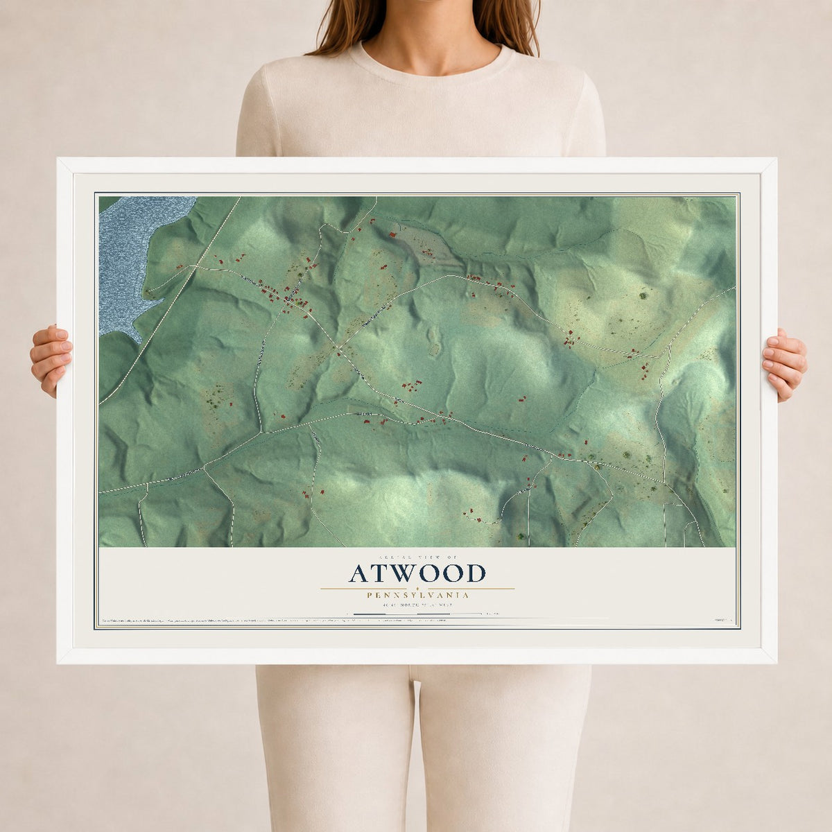 Map of Atwood, Pennsylvania, 24 x 36 inch print in a white wood frame