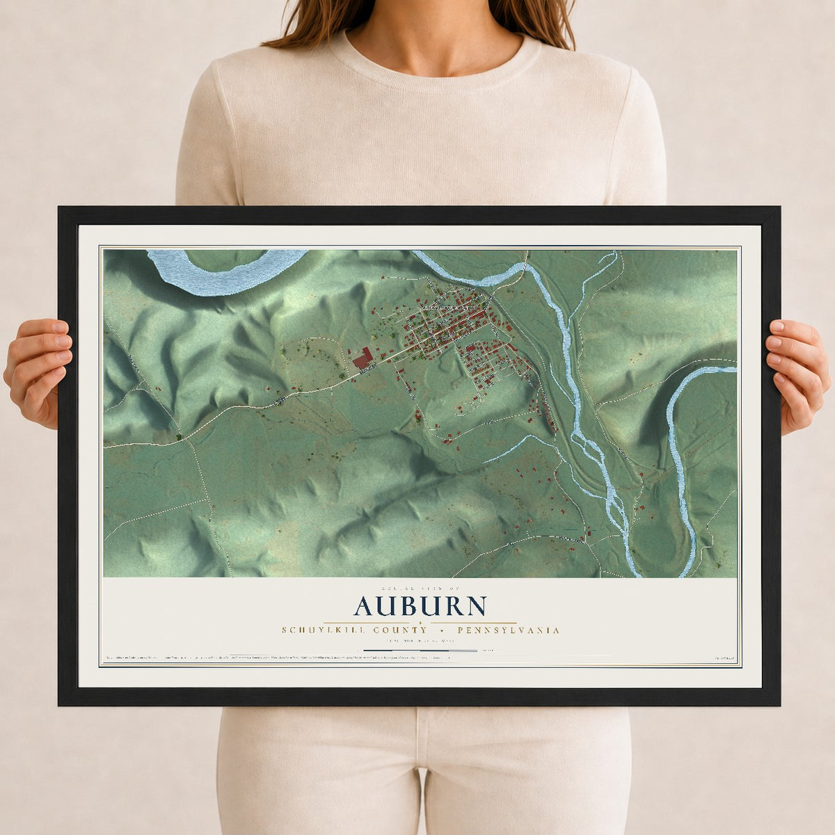 Map of Auburn, Schuylkill County, Pennsylvania, 12 x 18 inch print in a black wood frame