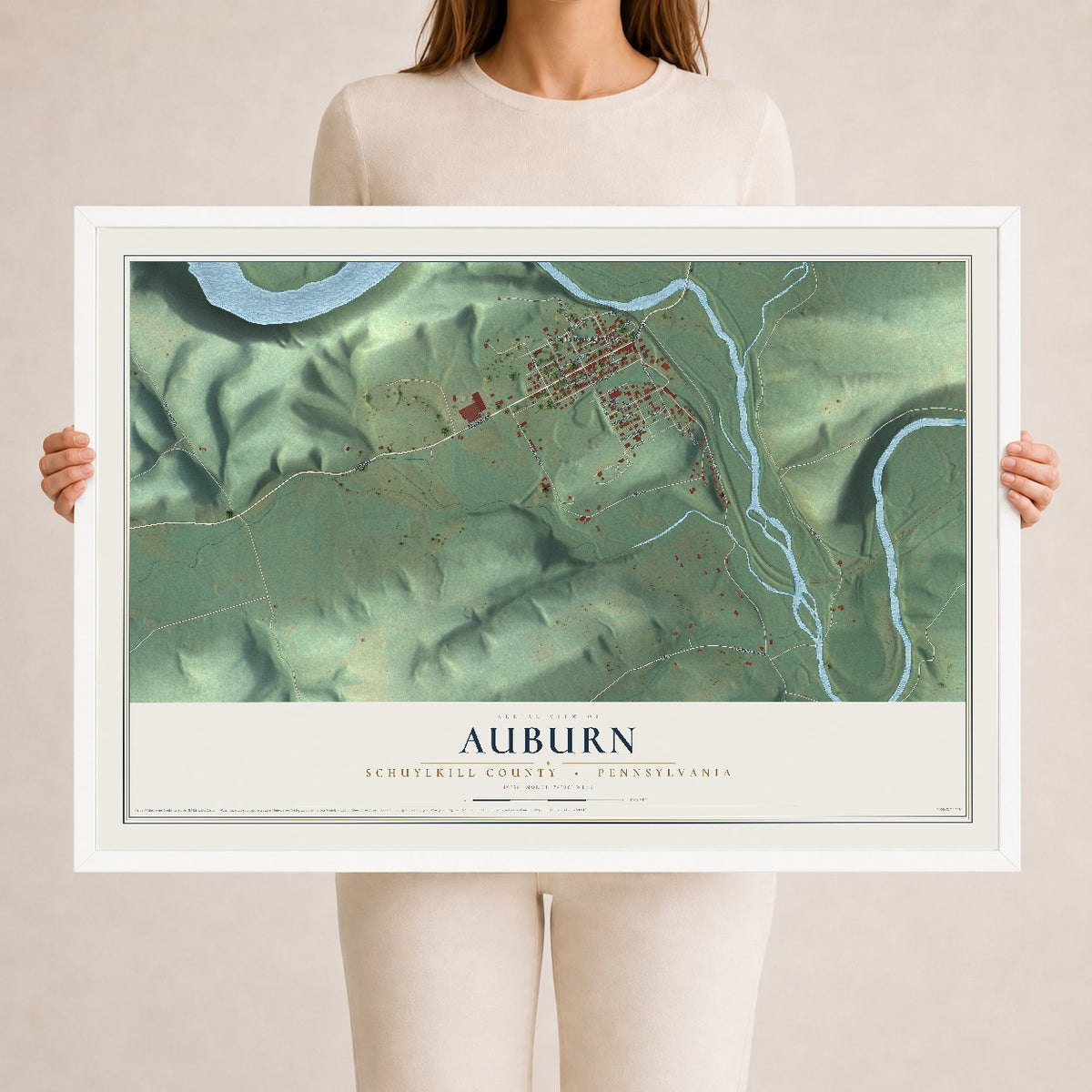 Map of Auburn, Schuylkill County, Pennsylvania, 24 x 36 inch print in a white wood frame