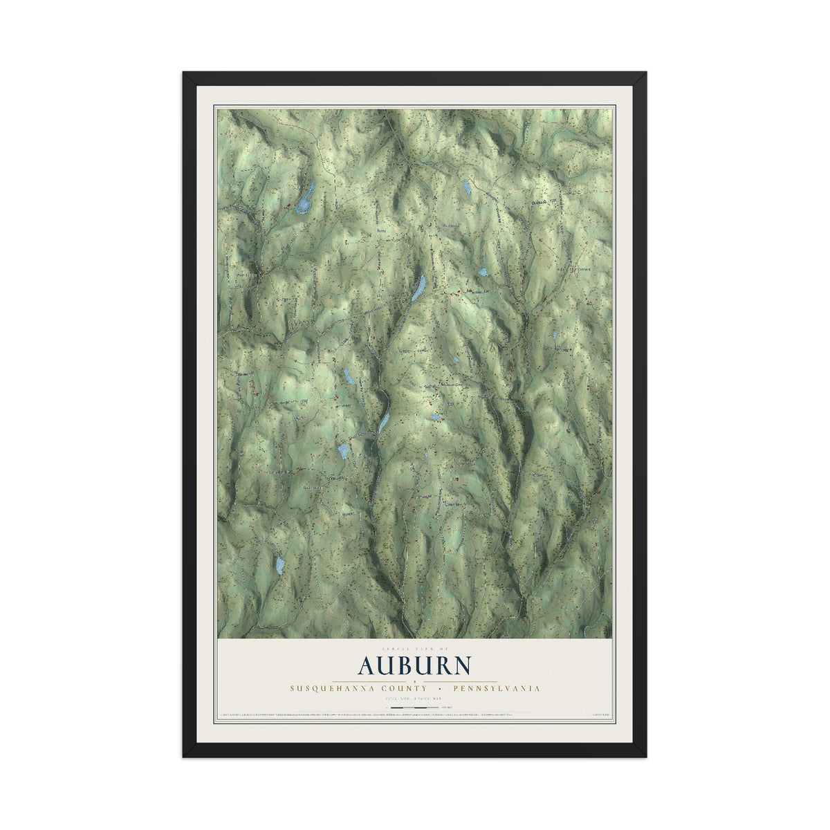 Map of Auburn, Susquehanna County, Pennsylvania, 12 x 18 inch print in a black wood frame