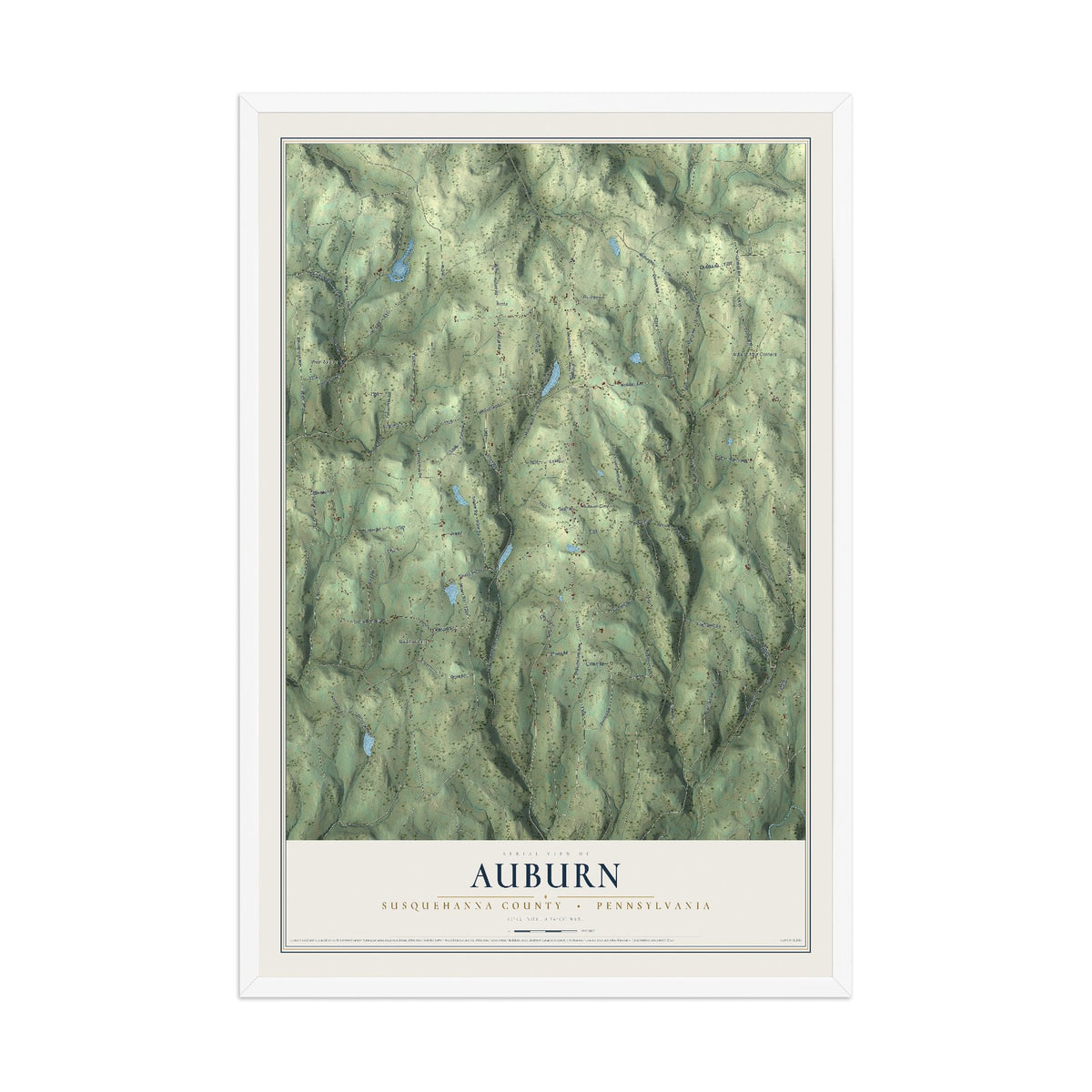 Map of Auburn, Susquehanna County, Pennsylvania, 12 x 18 inch print in a white wood frame