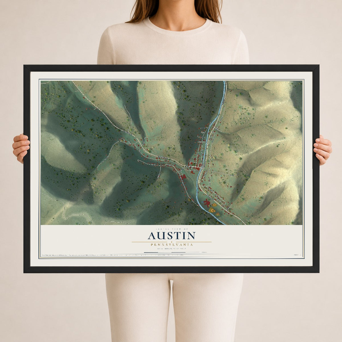 Map of Austin, Pennsylvania, 24 x 36 inch print in a black wood frame