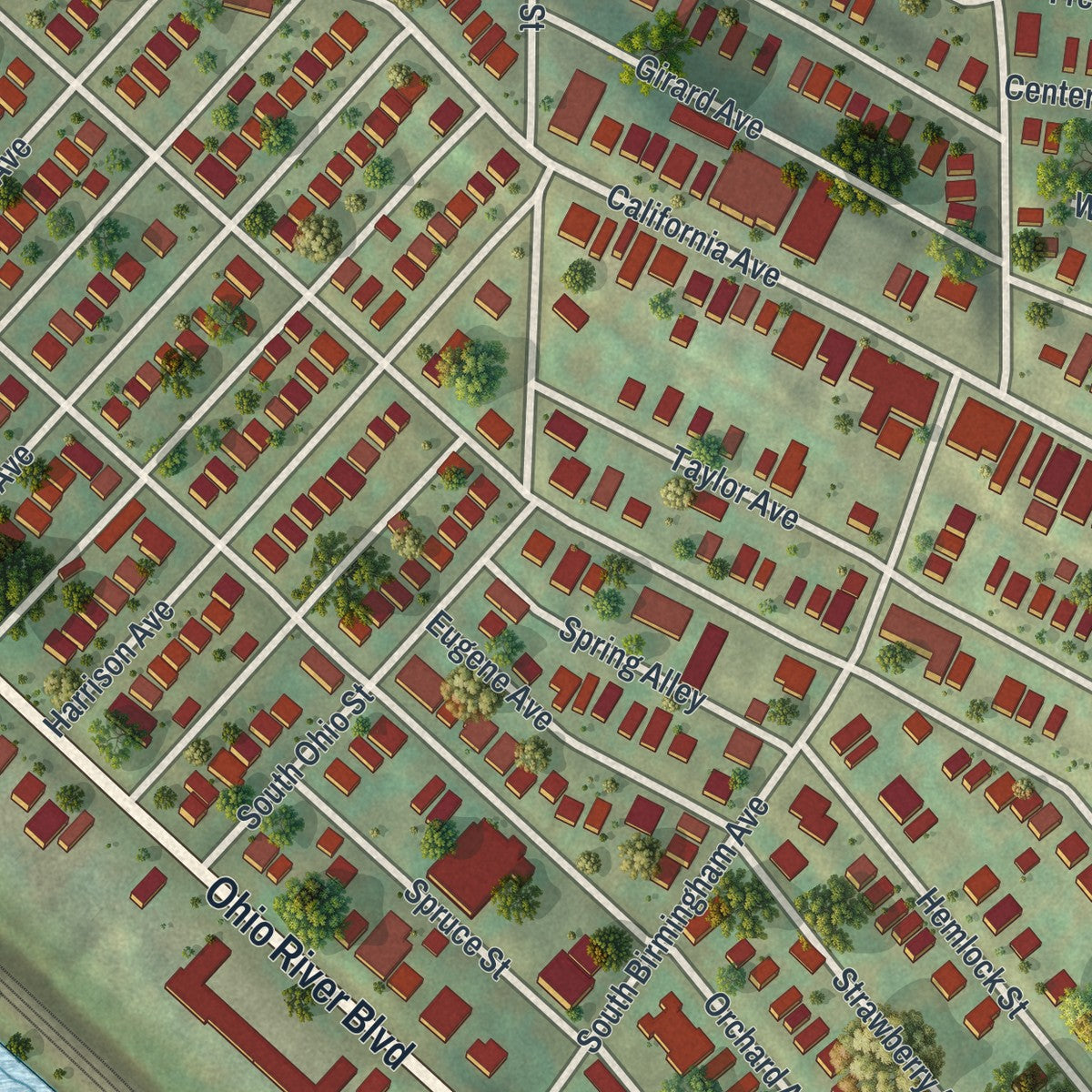 Close-up of the map of Avalon, Pennsylvania print showing street and building detail