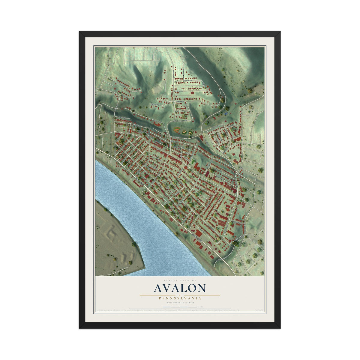 Map of Avalon, Pennsylvania, 12 x 18 inch print in a black wood frame