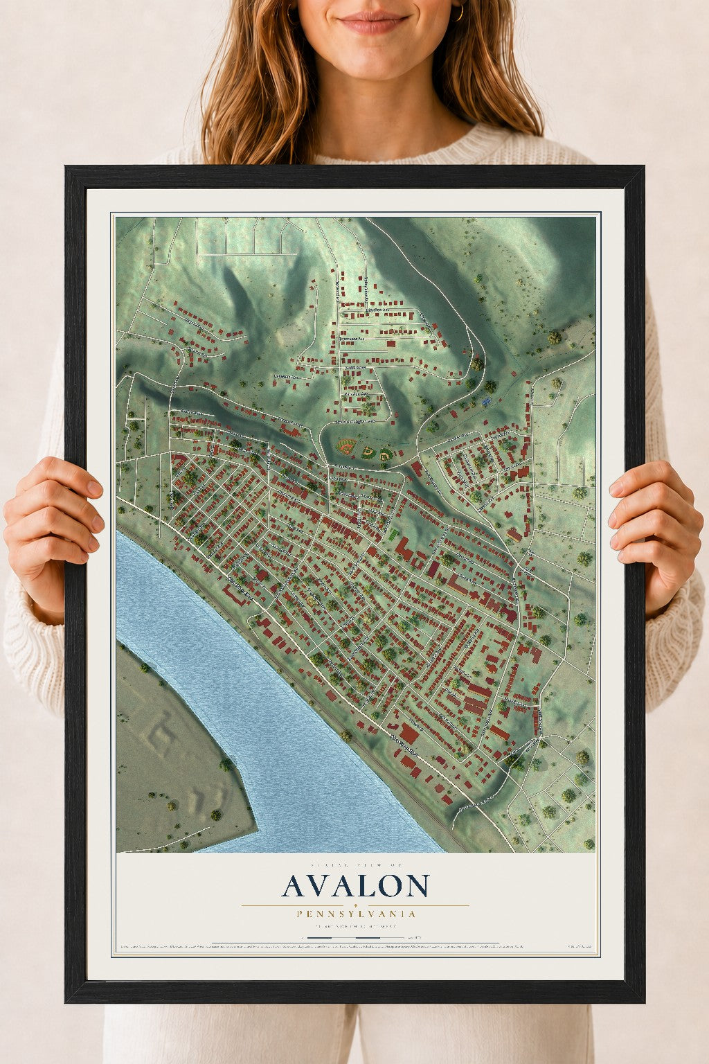 Map of Avalon, Pennsylvania, 18 x 24 inch print in a black wood frame