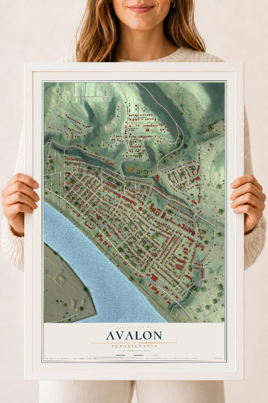 Map of Avalon, Pennsylvania, 18 x 24 inch print in a white wood frame